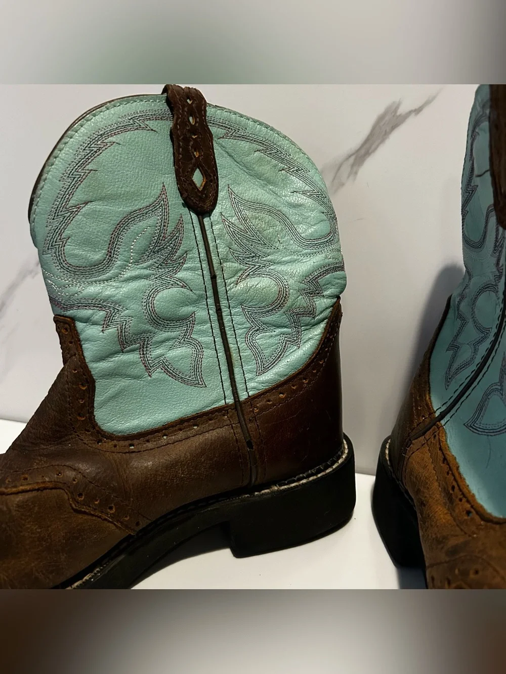 Kids Brown Leather Western Boots with Turquoise Shaft